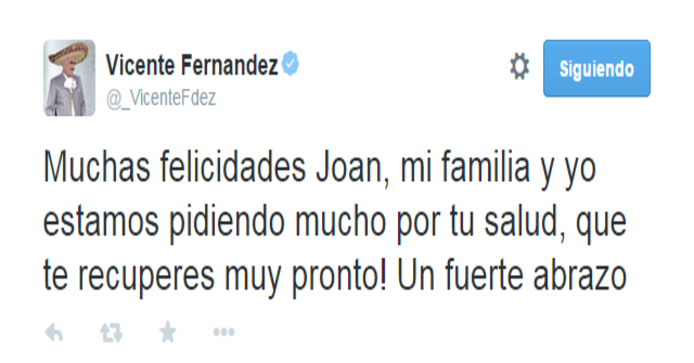 Vicente Fernández pidió por la salud de Joan Sebastian Vicente Fernández pidió por la salud de Joan Sebastian